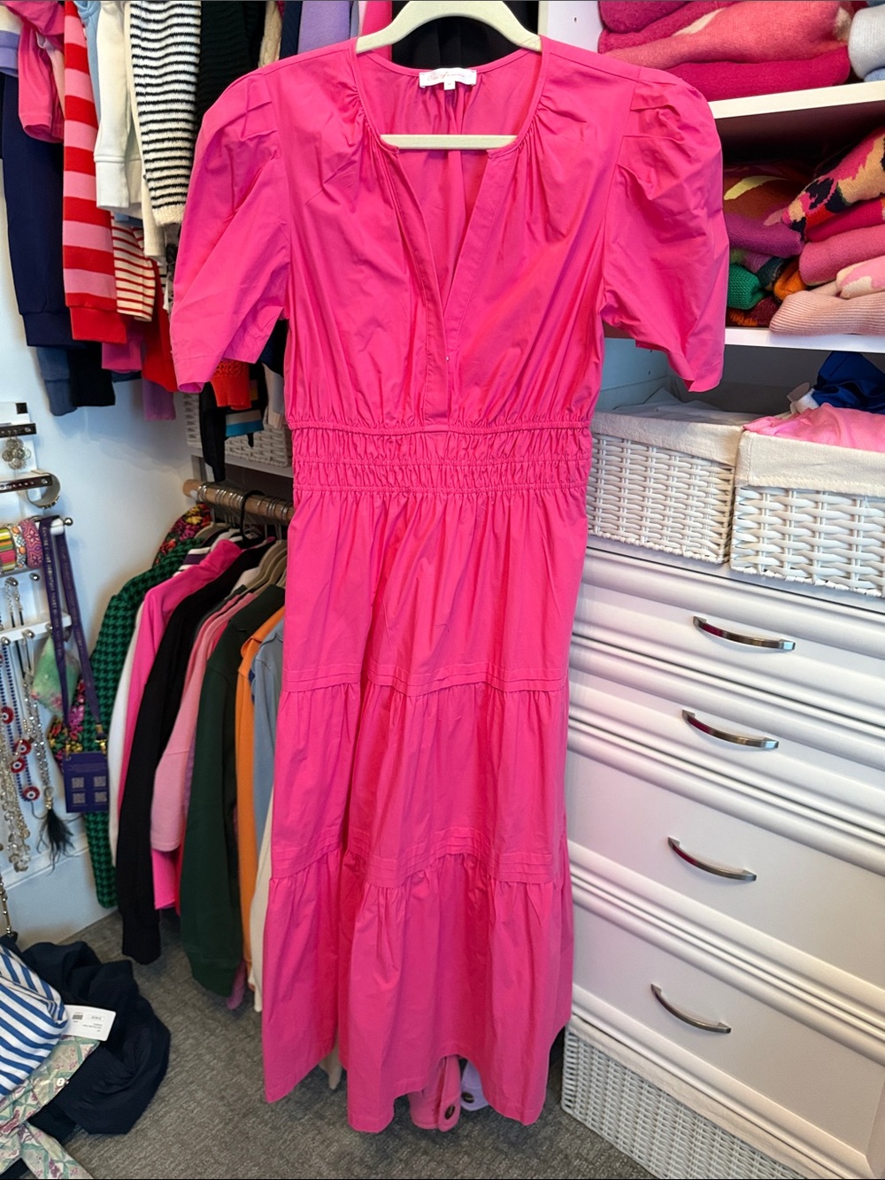 Ces Femme Hot Pink Tiered Maxi Dress with Smocked Waist